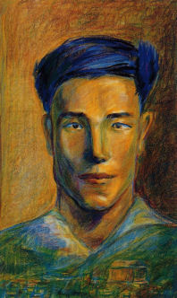 Father Emerging from Hills - Pastel on Paper - 33 X 20 cm - 1986 winter - Tu-2 made this first portrait of his father during a near-death experience, not just to honor his memory or lessen the pain of his loss, but for Tu's own salvation. This portrait is significant for allowing the artist to experience the possibility of healing through art, and for awakening in him a timeless connection to the infinite through art.  CLICK TO ENLARGE